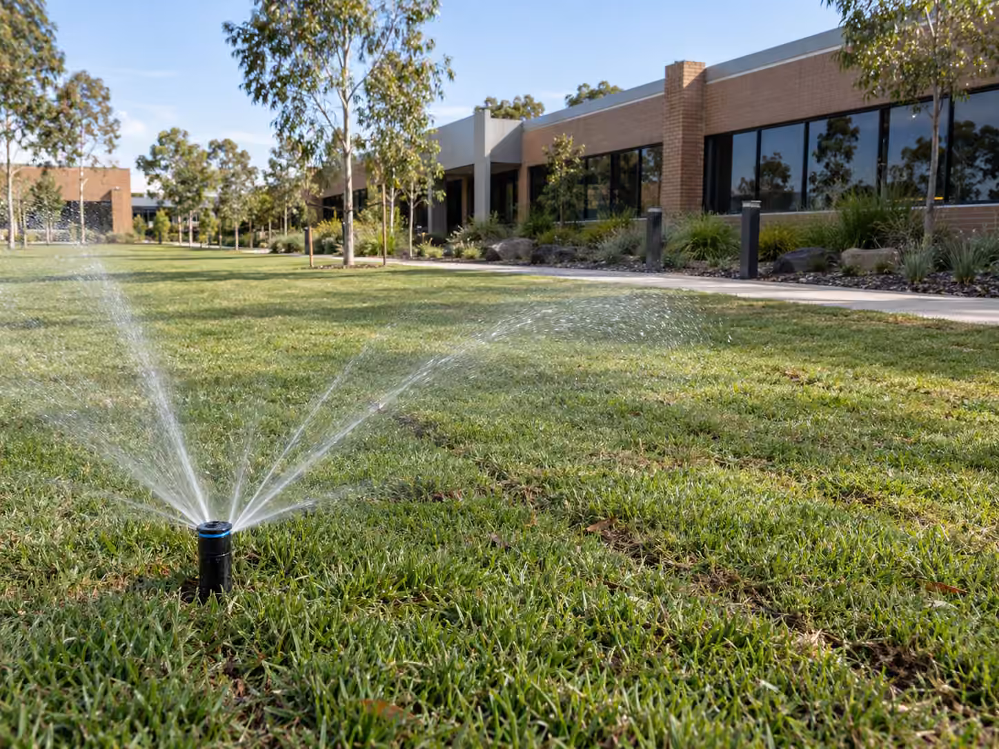 Sprinkler watering natural turf at a commercial property