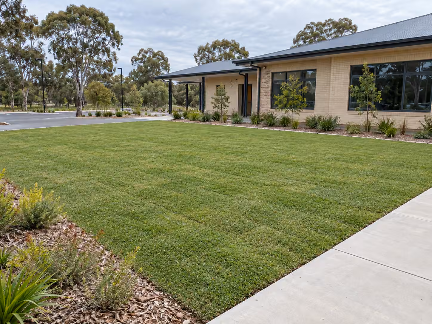 Finished natural turf beside the same commercial facility